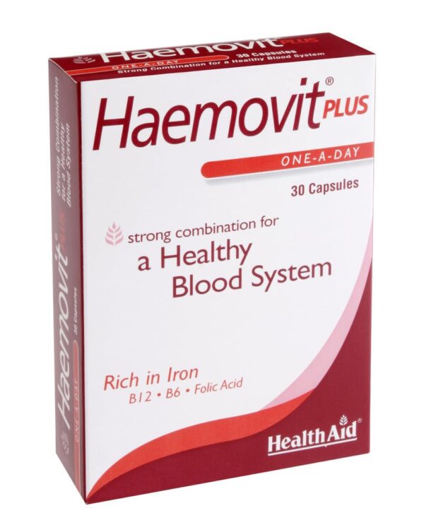 Health Aid Haemovit Plus Συμπλήρωμα Διατροφής 30caps. Ειδικά σχεδιασμένη φόρμουλα για ενισχυμένη πρόσληψη Σιδήρου με Βιταμίνη Β12, Φολικό οξύ, Ψευδαργύρο και Βιταμίνης C για υγιές αιμοποιητικό.