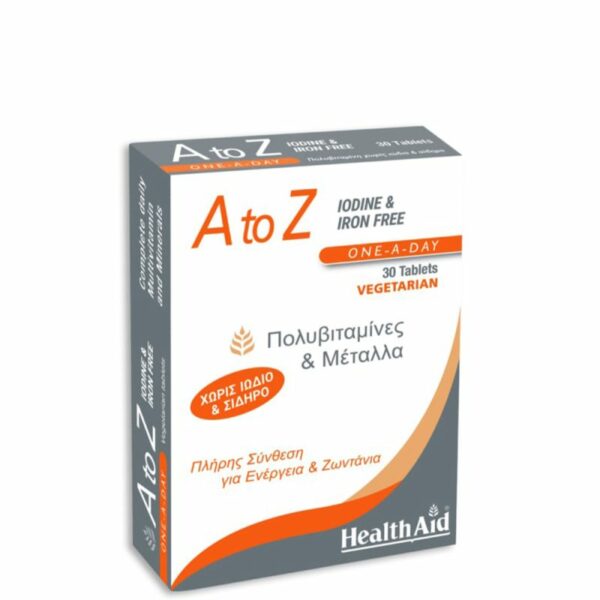 Health Aid A To Z Iodine & Iron Free Συμπλήρωμα Διατροφής με Βιταμίνες και Μέταλλα για Ενέργεια και Ζωντάνια 30Tabs