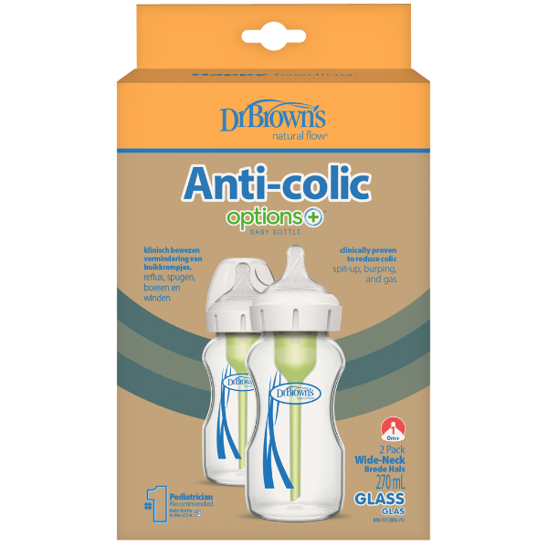 Dr. Brown's Anti-Colic Options+ WB92740 Γυάλινο Μπιμπερό με Φαρδύ Λαιμό, 2x270ml